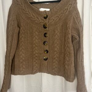 Vintage Cable Knit Brown Wool Blend Button Wide Neck Sweater Top Cardigan